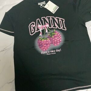 Ganni Retro Raspberry Bow Logo Graphic T-shirt Black Have a Nice Day Designer Te